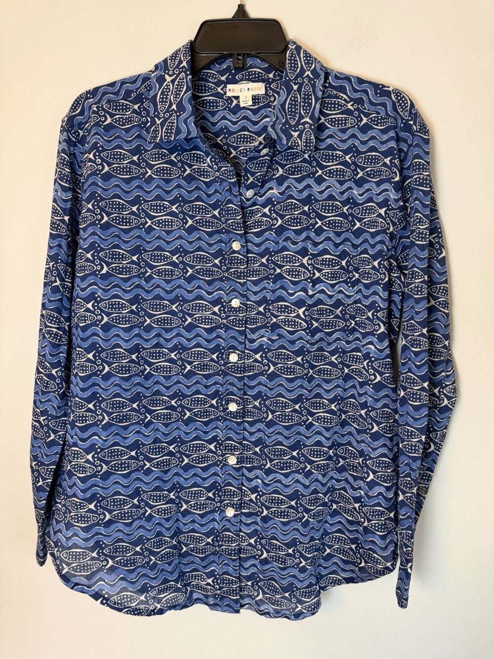 Roller Rabbit Button Down Boyfriend Shirt Fish Print Navy 100% Cotton S NEW $148